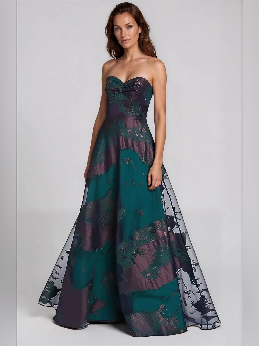 Rene Ruiz Teal and Purple Sweetheart Satin Burn Out A-Line Gown